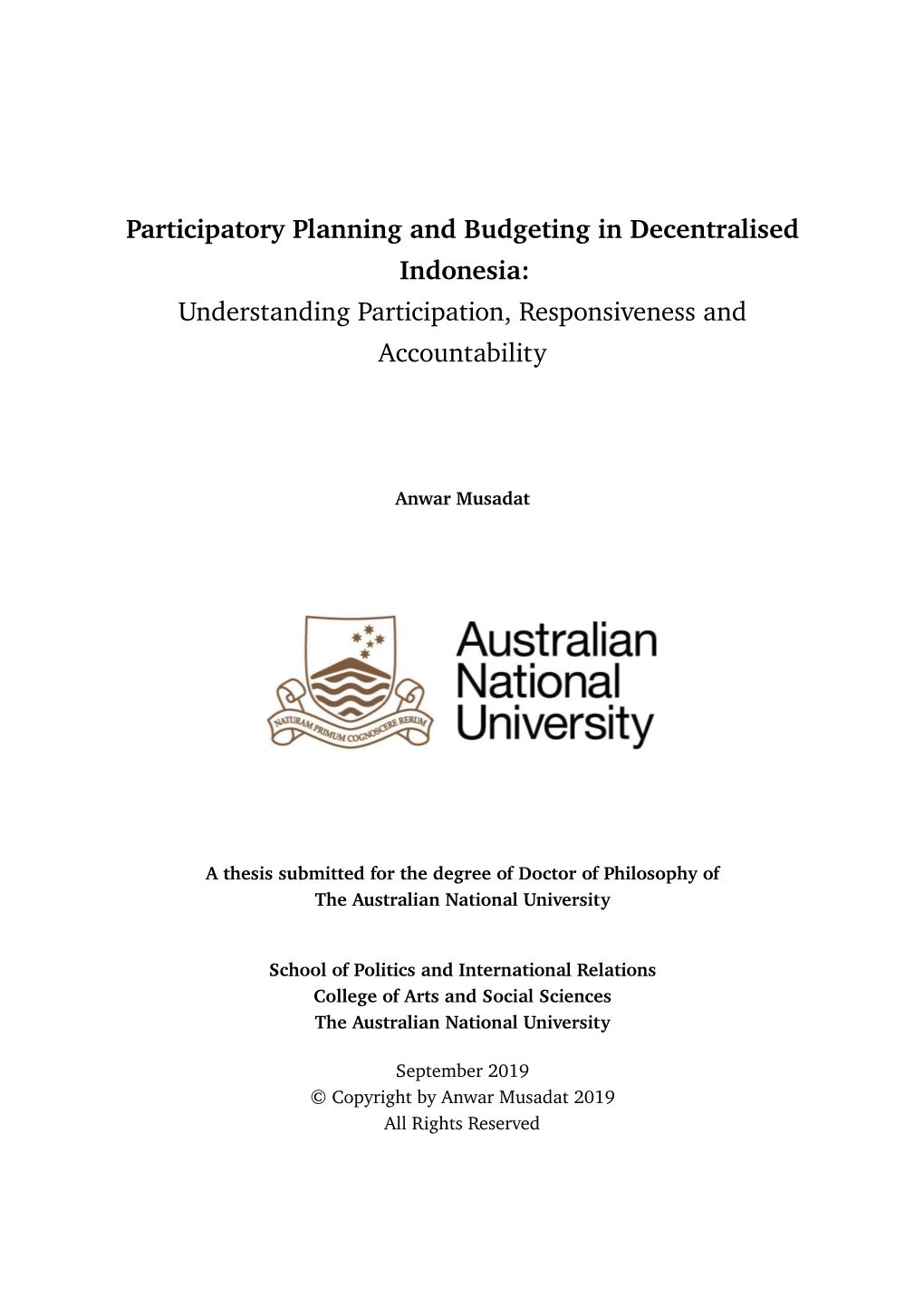Participatory Planning and Budgeting in Decentralised Indonesia: Understanding Participation, Responsiveness and Accountability