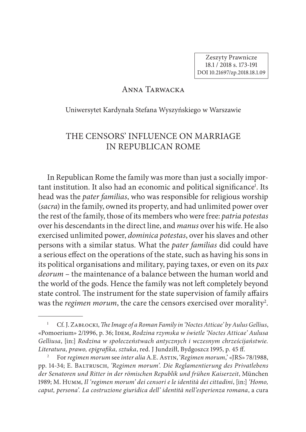 Anna Tarwacka the CENSORS' INFLUENCE on MARRIAGE in REPUBLICAN ROME