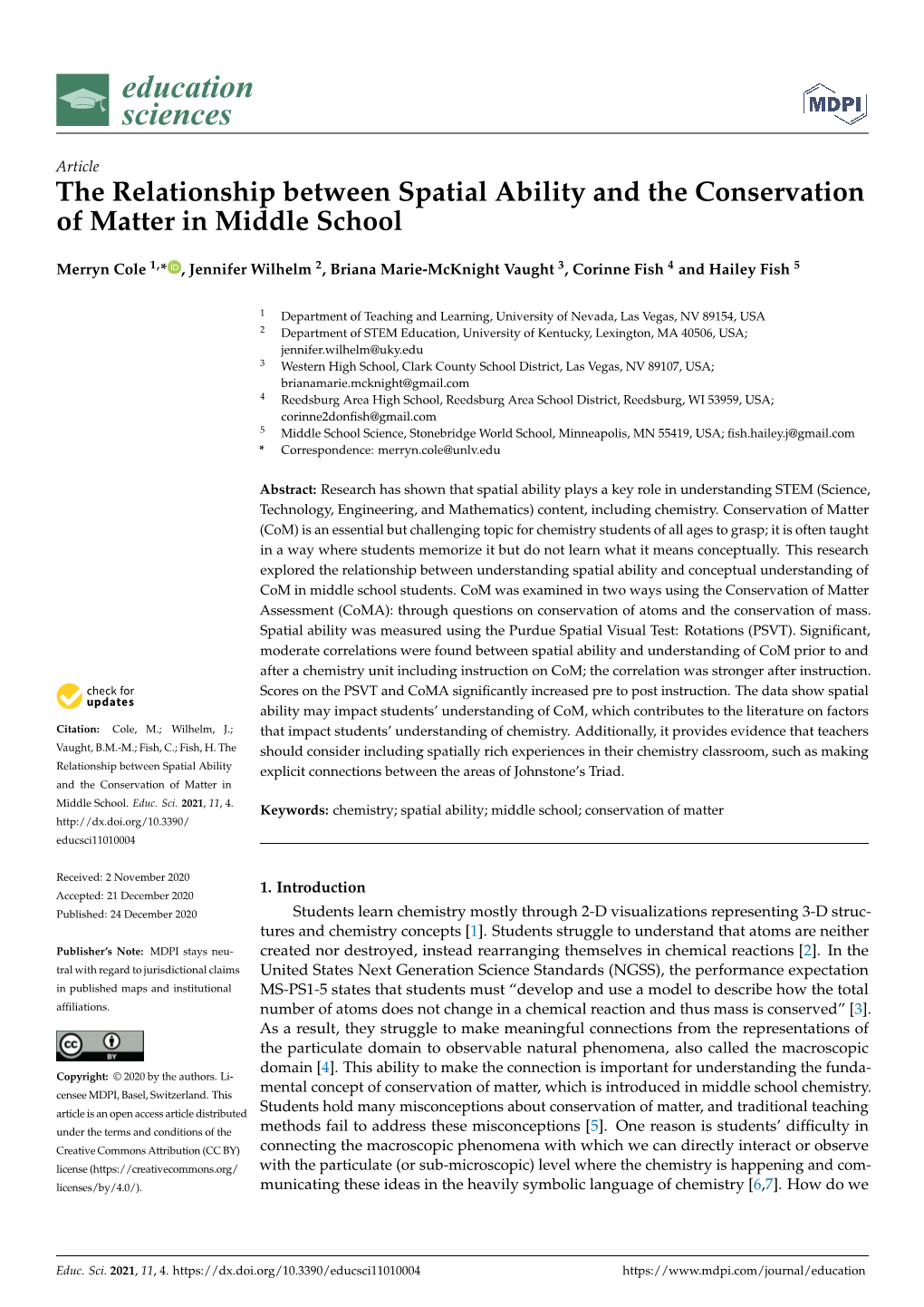 The Relationship Between Spatial Ability and the Conservation of Matter in Middle School