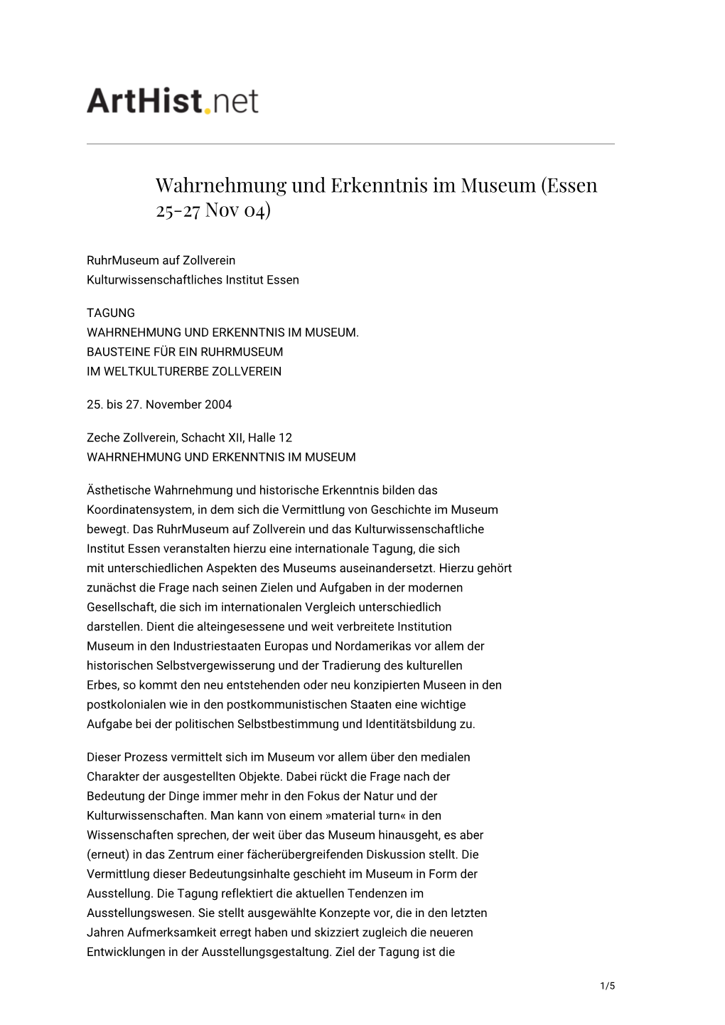 Wahrnehmung Und Erkenntnis Im Museum (Essen 25-27 Nov 04)