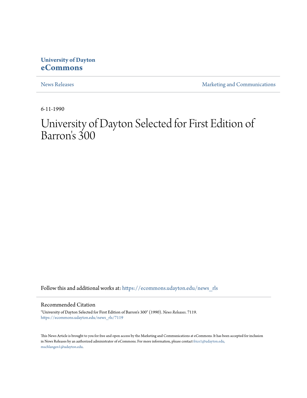 University of Dayton Selected for First Edition of Barron's 300