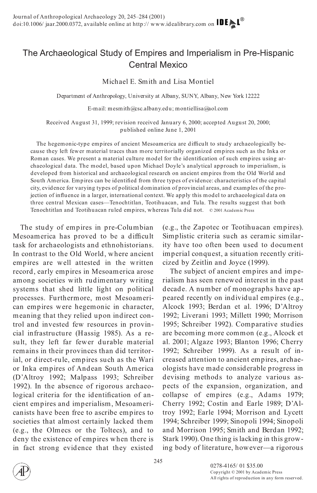 Journal of Anthropological Archaeology 20, 245–284 (2001) Doi:10.1006/Jaar.2000.0372, Available Online at On