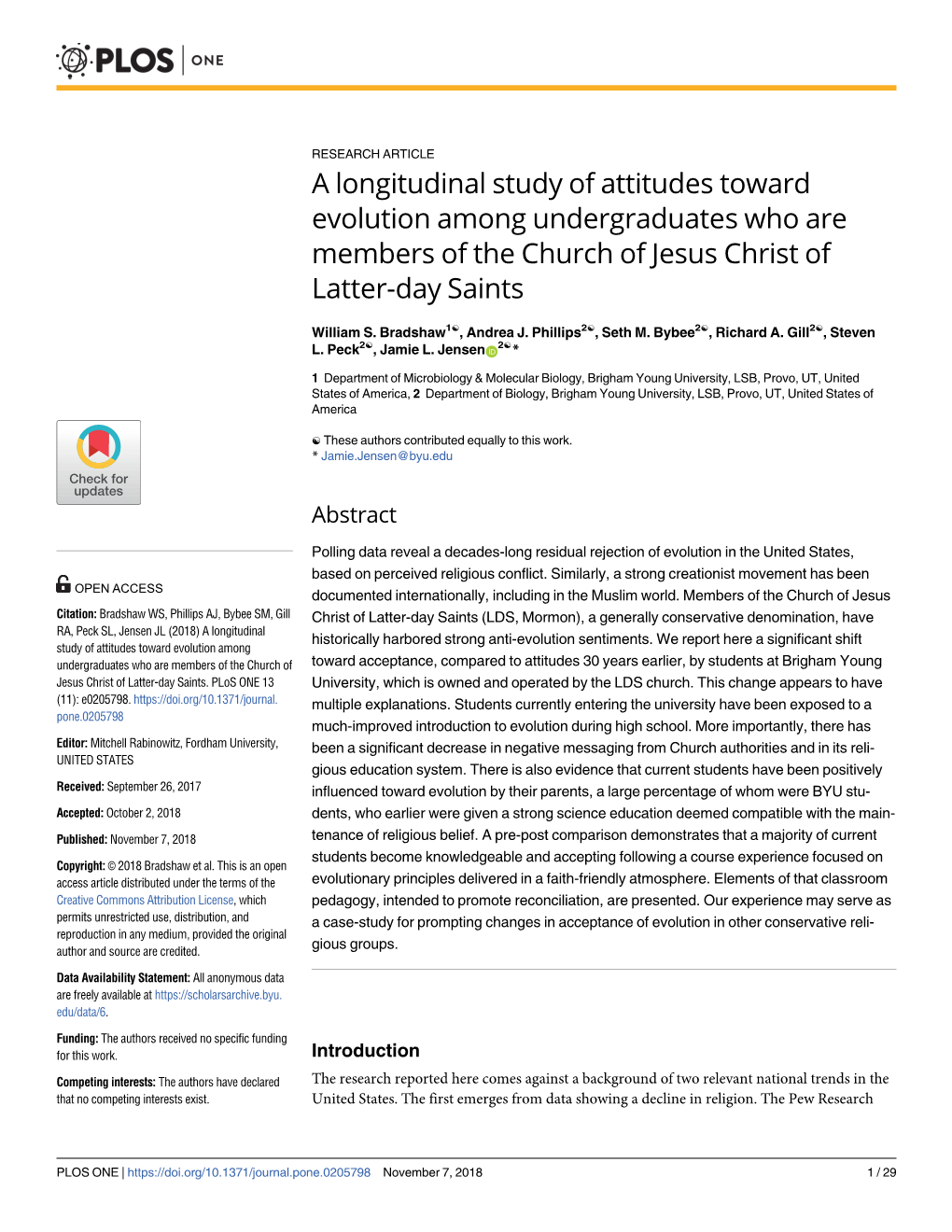 A Longitudinal Study of Attitudes Toward Evolution Among Undergraduates Who Are Members of the Church of Jesus Christ of Latter-Day Saints