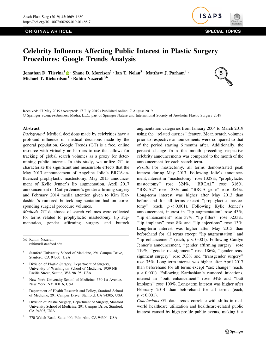 Celebrity Influence Affecting Public Interest in Plastic Surgery Procedures