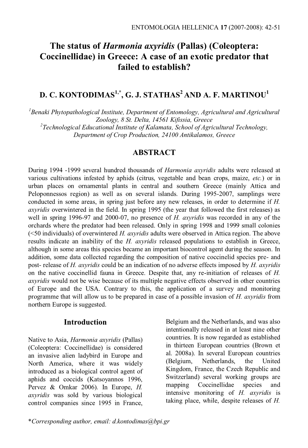 The Status of Harmonia Axyridis (Pallas) (Coleoptera: Coccinellidae) in Greece: a Case of an Exotic Predator That Failed to Establish?