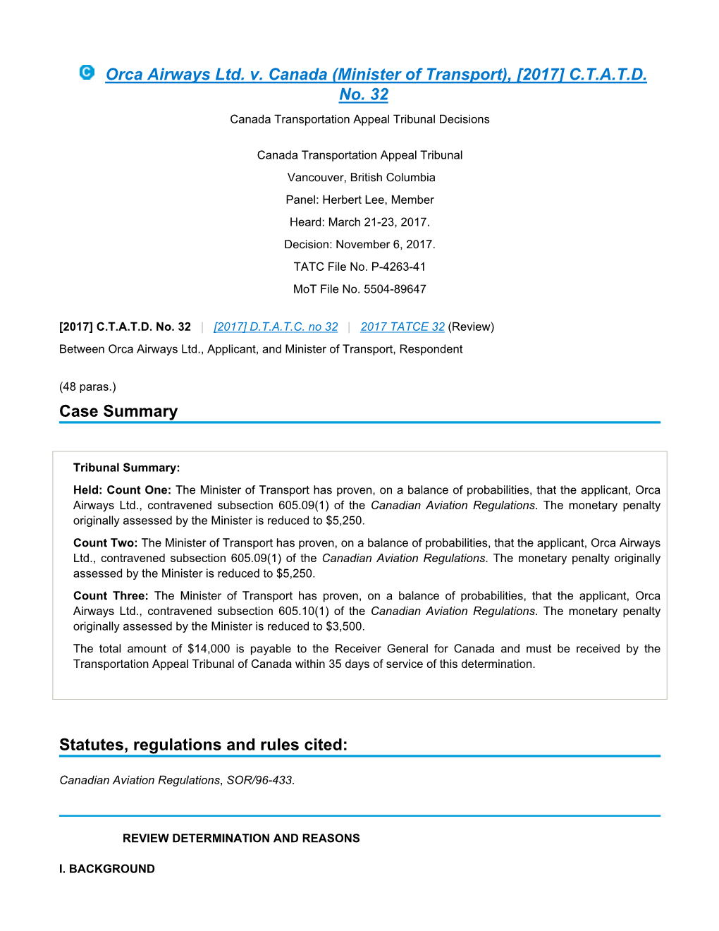 Orca Airways Ltd. V. Canada (Minister of Transport), [2017] C.T.A.T.D. No. 32 Canada Transportation Appeal Tribunal Decisions