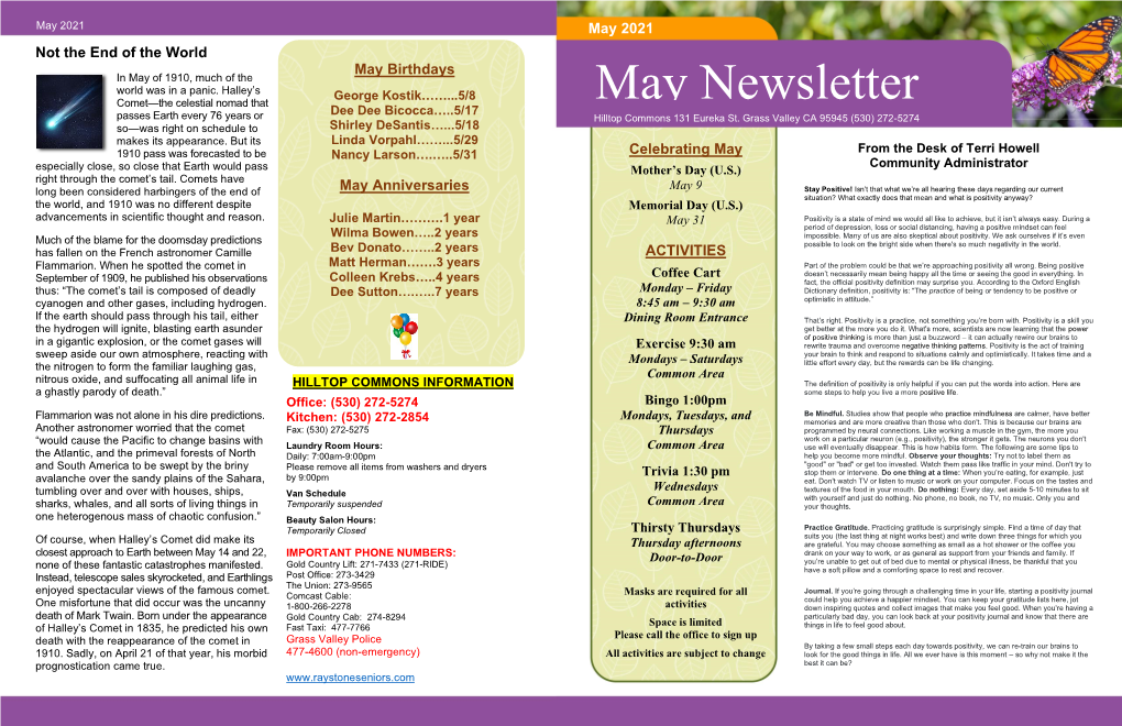 May Newsletter Dee Dee Bicocca…..5/17 Passes Earth Every 76 Years Or Hilltop Commons 131 Eureka St