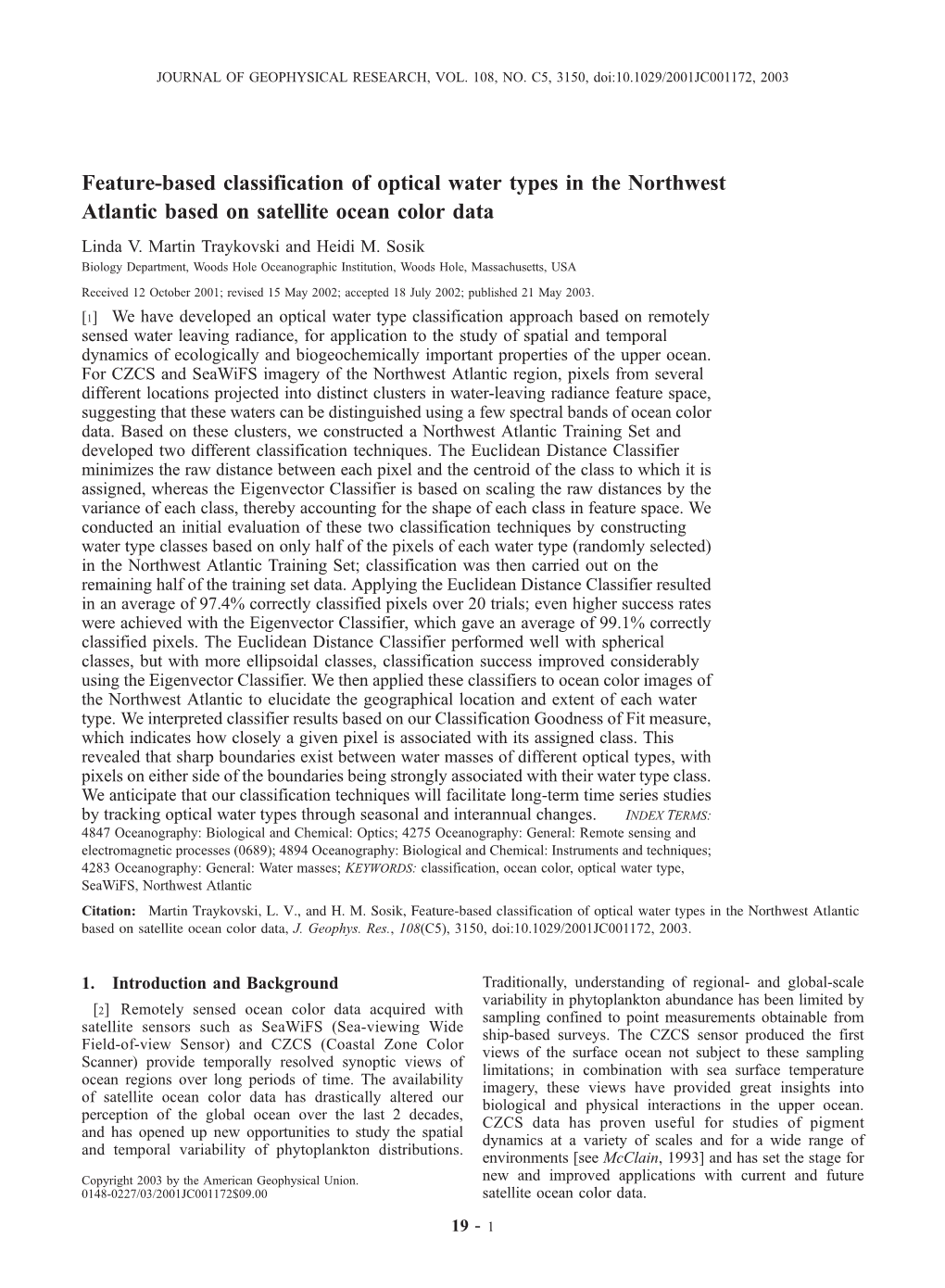 Feature-Based Classification of Optical Water Types in the Northwest Atlantic Based on Satellite Ocean Color Data Linda V