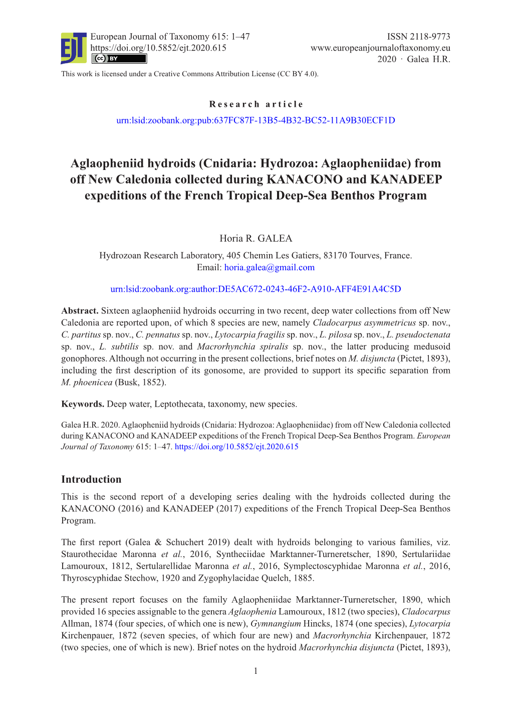 Cnidaria: Hydrozoa: Aglaopheniidae) from Off New Caledonia Collected During KANACONO and KANADEEP Expeditions of the French Tropical Deep-Sea Benthos Program