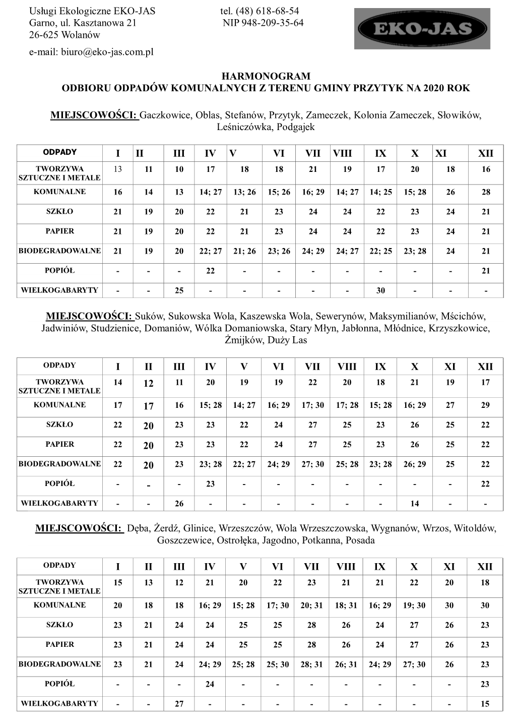 Usługi Ekologiczne EKO-JAS Tel. (48) 618-68-54 Garno, Ul. Kasztanowa 21 NIP 948-209-35-64 26-625 Wolanów E-Mail: Biuro@Eko-Jas.Com.Pl