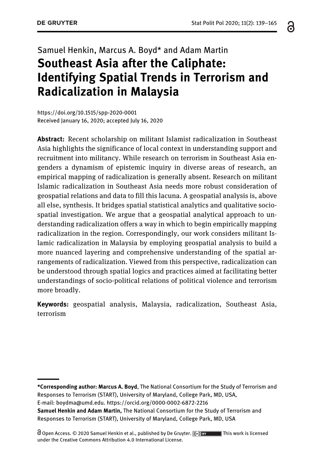 Identifying Spatial Trends in Terrorism and Radicalization in Malaysia Received January 16, 2020; Accepted July 16, 2020