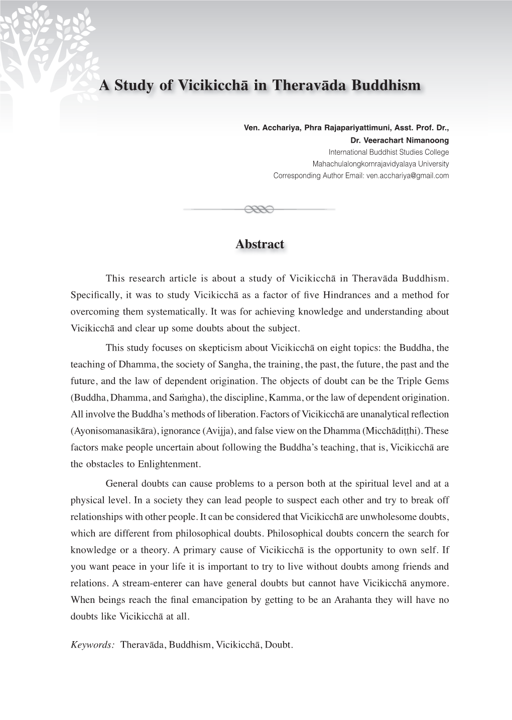 A Study of Vicikicchā in Theravāda Buddhism