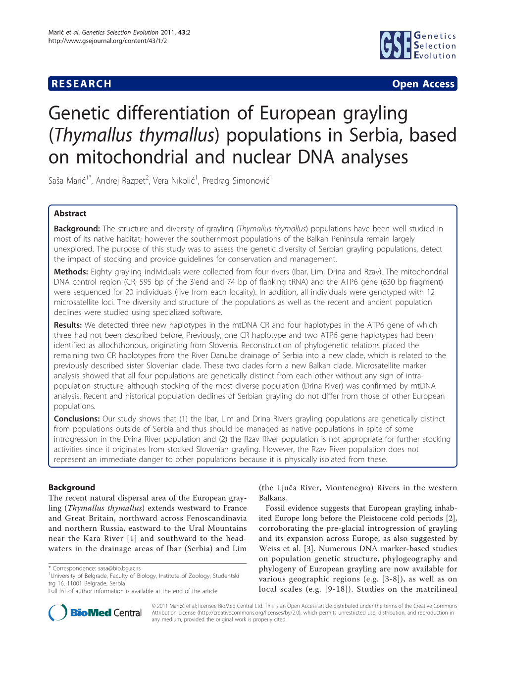 Thymallus Thymallus) Populations in Serbia, Based on Mitochondrial and Nuclear DNA Analyses Saša Marić1*, Andrej Razpet2, Vera Nikolić1, Predrag Simonović1