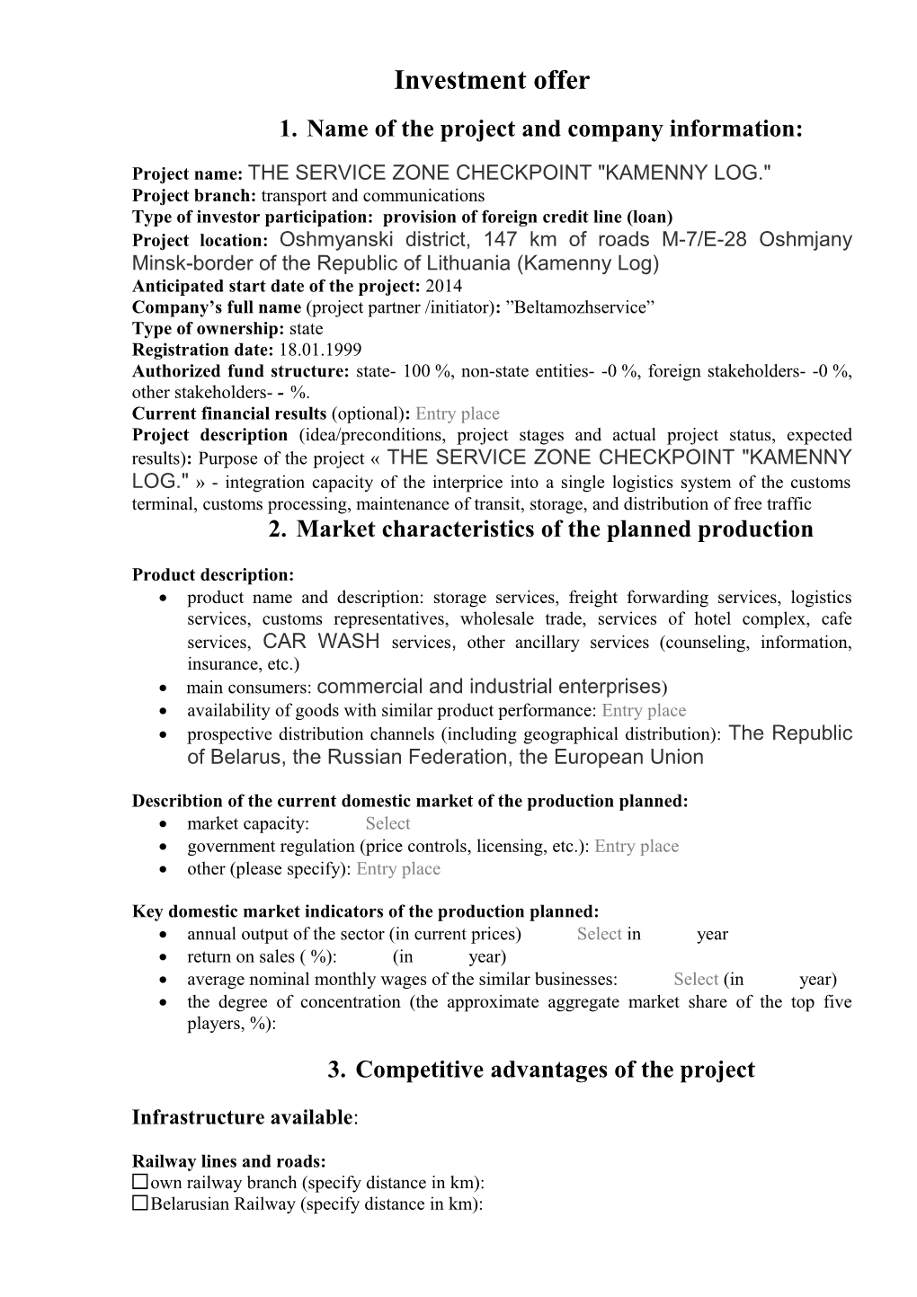 1. Name of the Project and Company Information