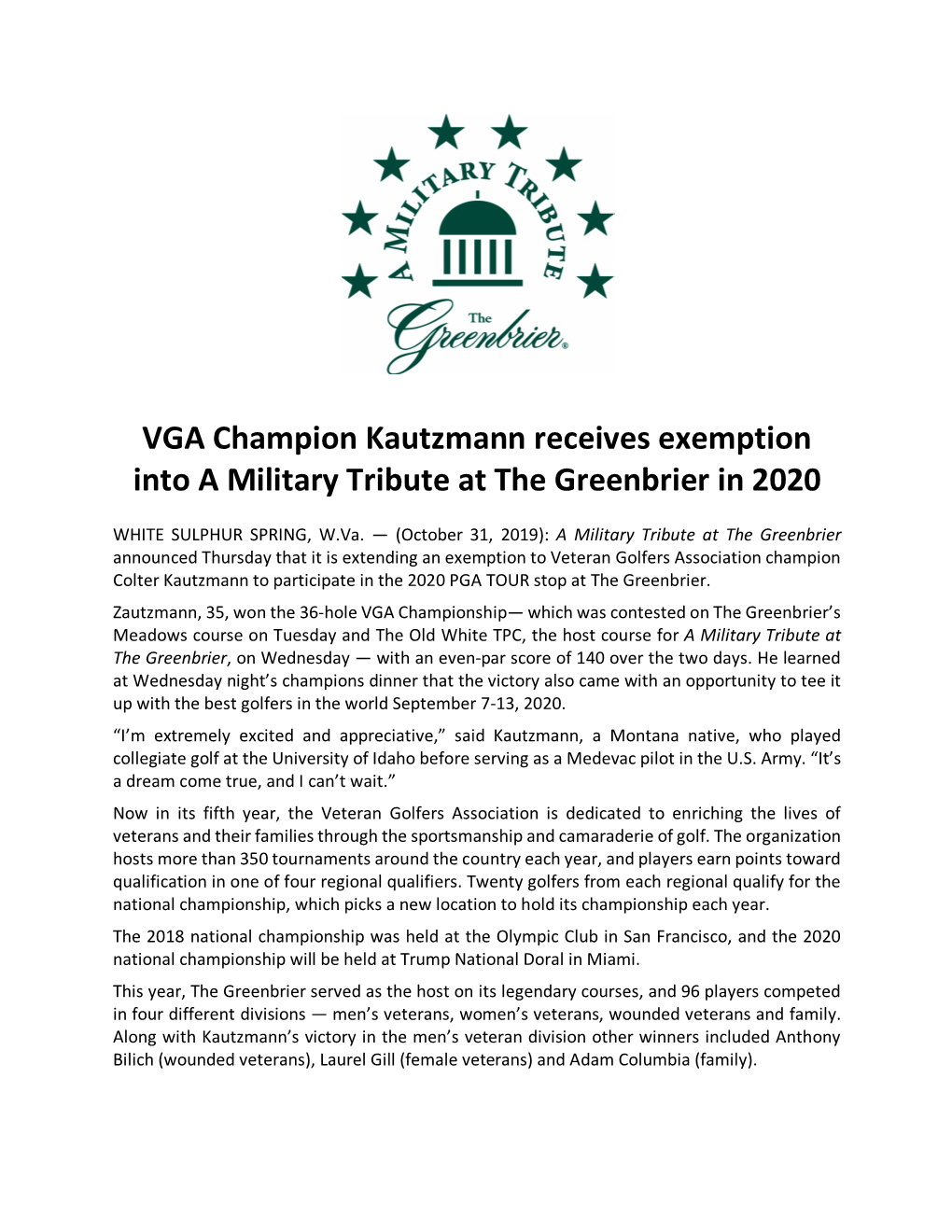 VGA Champion Kautzmann Receives Exemption Into a Military Tribute at the Greenbrier in 2020