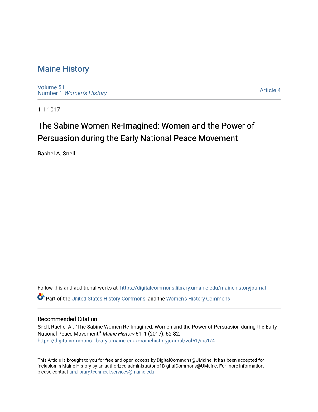 The Sabine Women Re-Imagined: Women and the Power of Persuasion During the Early National Peace Movement