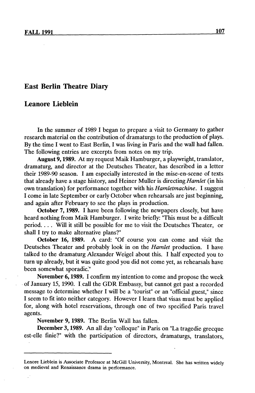 East Berlin Theatre Diary Leanore Lieblein