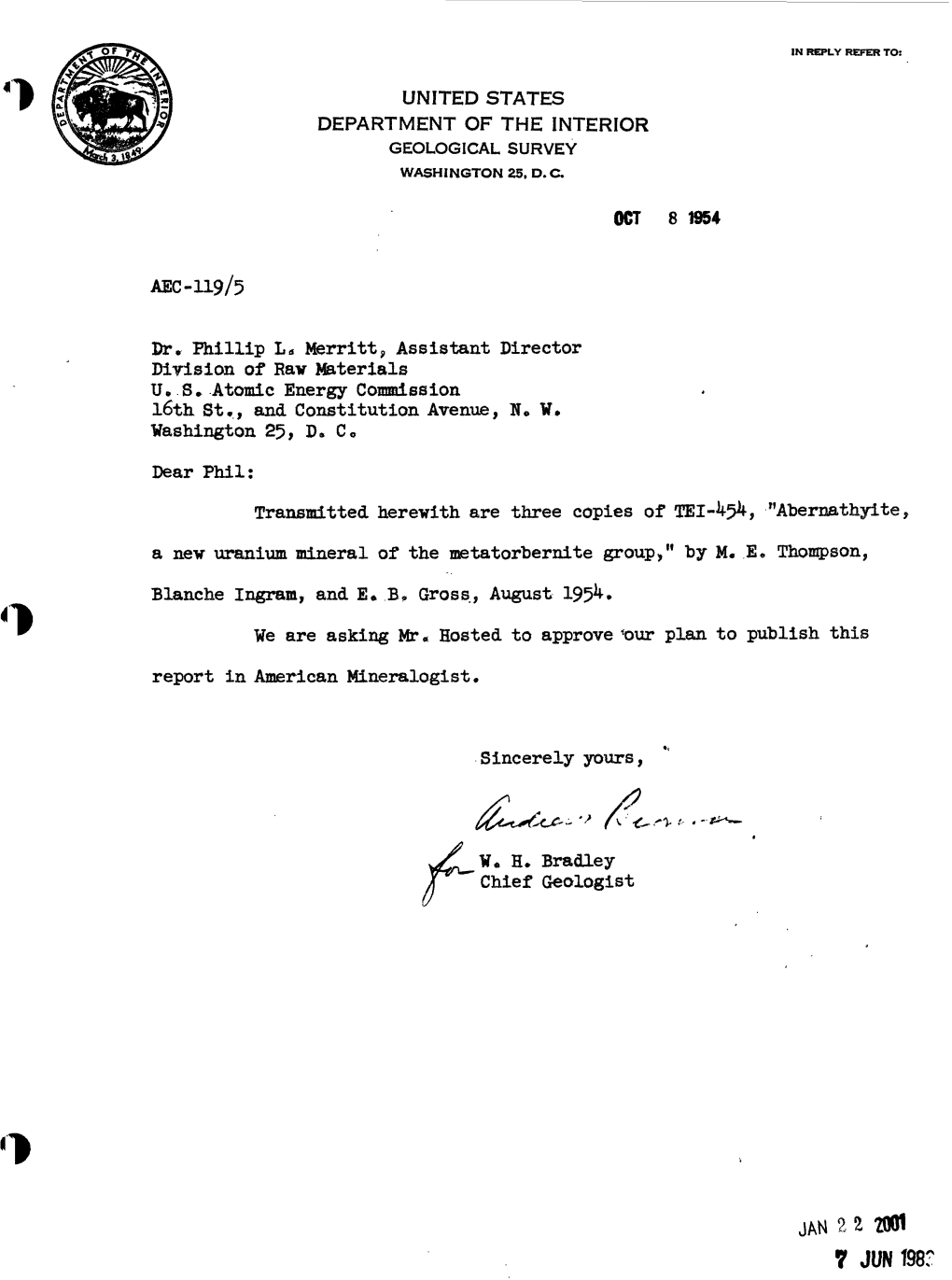 JAN 2 2 2001 7 JUN 198: Geology and Mineralogy This Document Consists of 15 Pages Series A