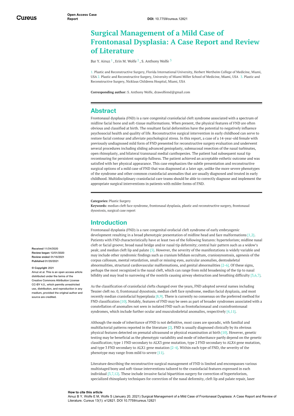 Surgical Management of a Mild Case of Frontonasal Dysplasia: a Case Report and Review of Literature