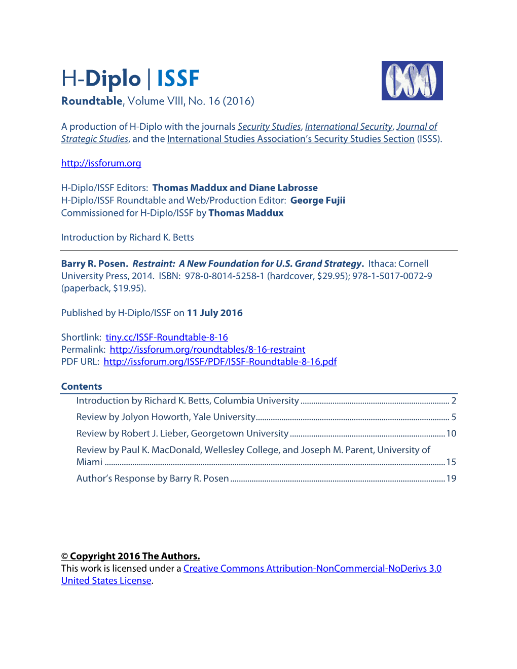 H-Diplo | ISSF Roundtable, Volume VIII, No