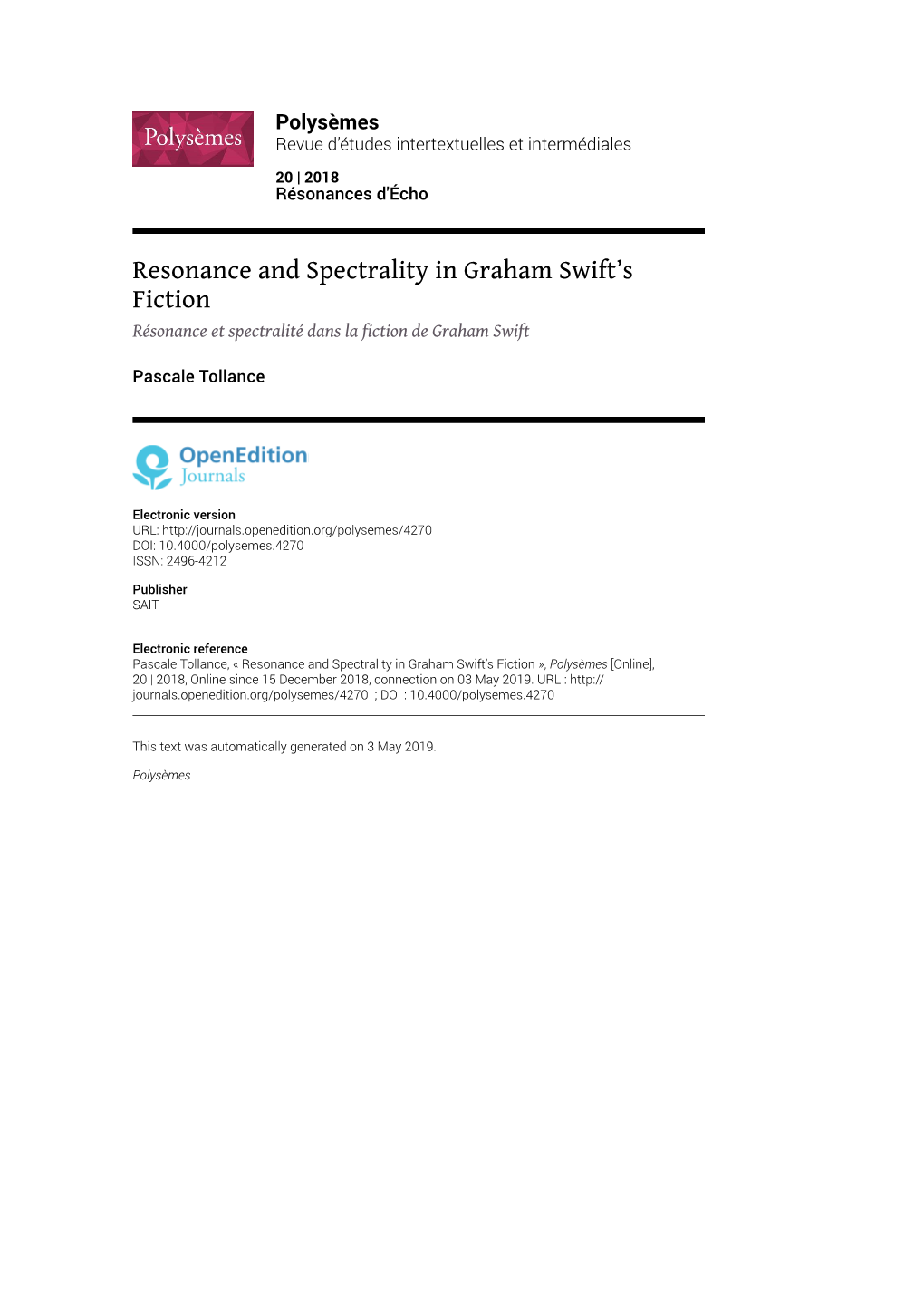 Polysèmes, 20 | 2018 Resonance and Spectrality in Graham Swift’S Fiction 2