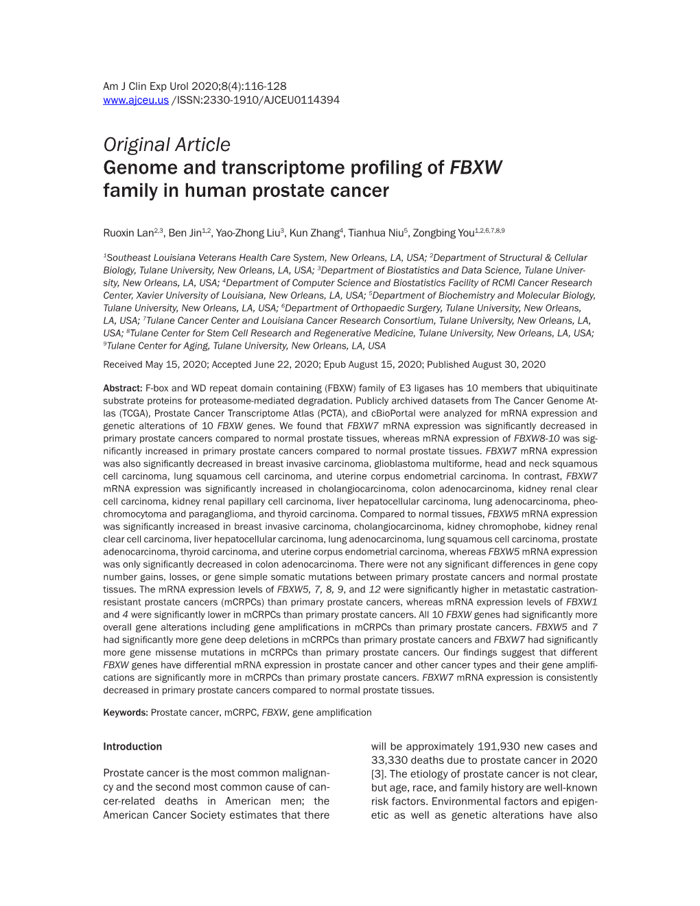 Original Article Genome and Transcriptome Profiling of FBXW