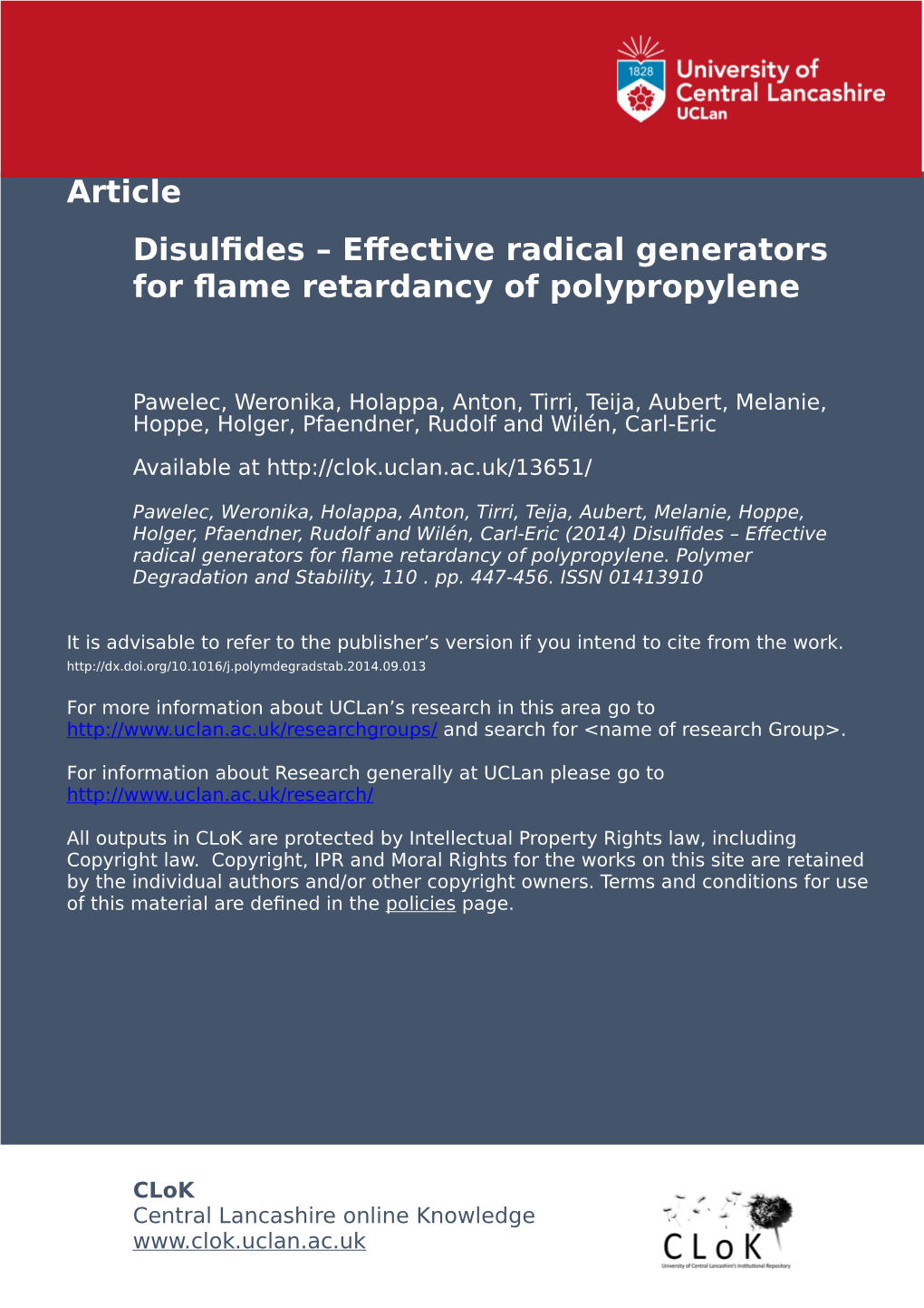 Disulfides-Effective Radical Generators for Flame Retardancy