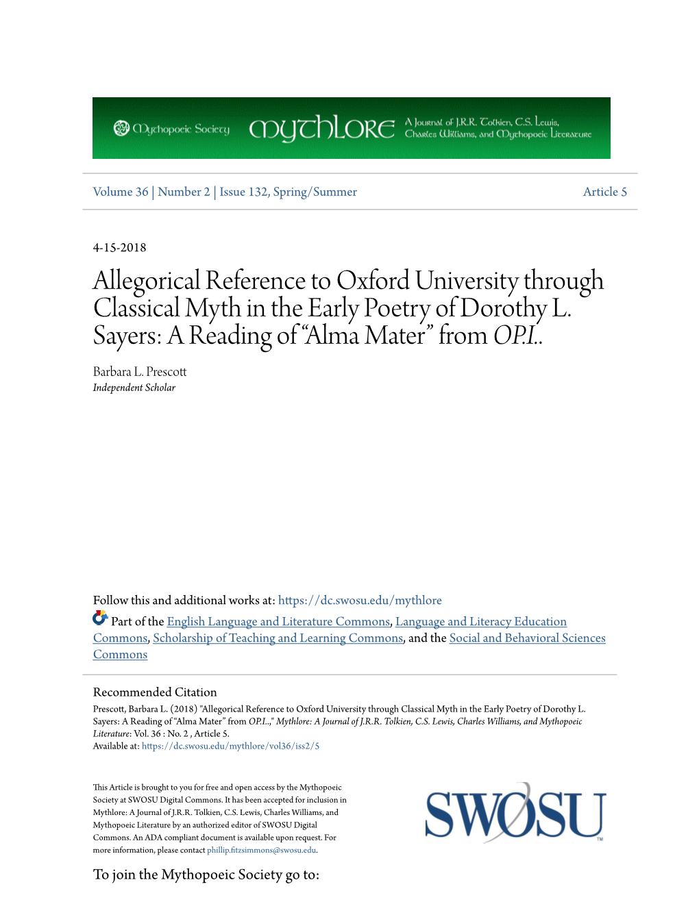 Allegorical Reference to Oxford University Through Classical Myth in the Early Poetry of Dorothy L. Sayers: a Reading of “Alma Mater” from OP.I