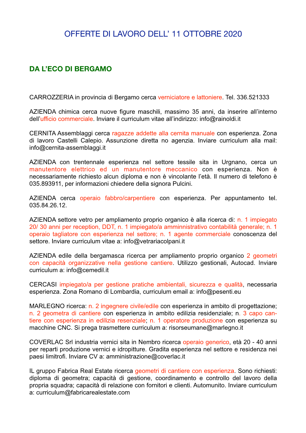 Offerte Di Lavoro Dell' 11 Ottobre 2020