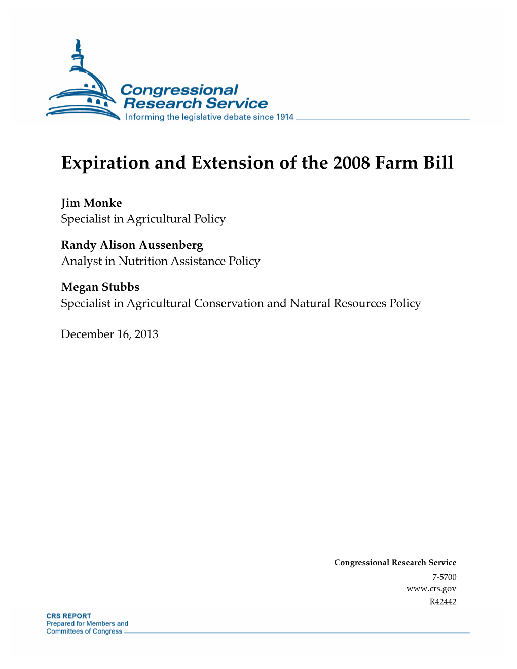 Expiration and Extension of the 2008 Farm Bill