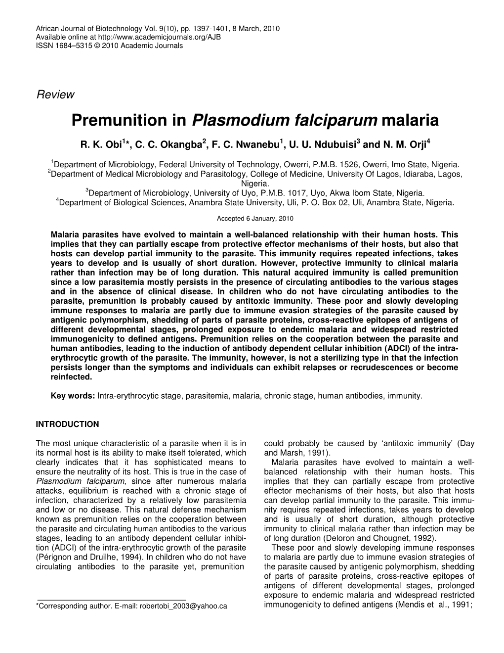 Premunition in Plasmodium Falciparum Malaria