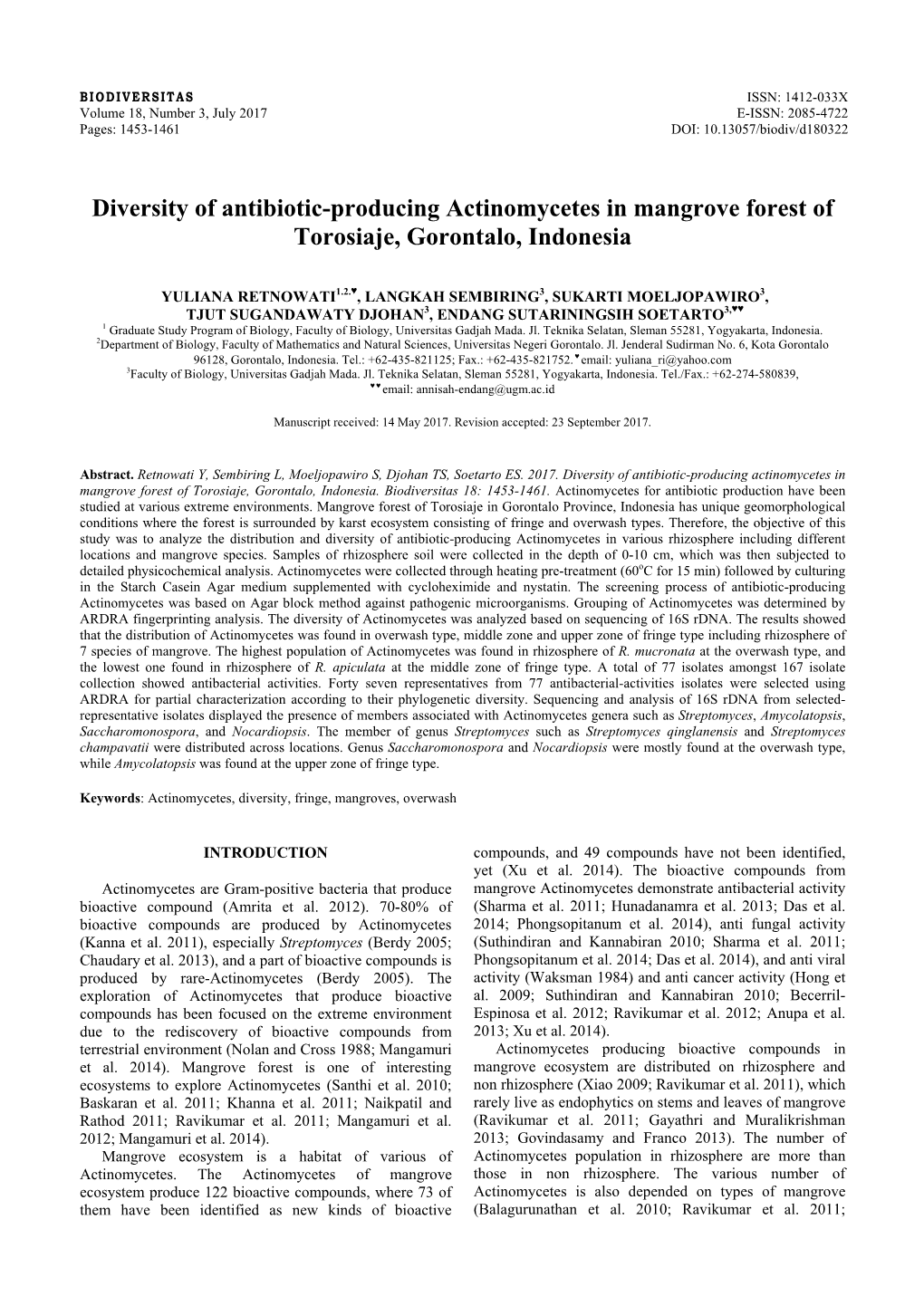 Diversity of Antibiotic-Producing Actinomycetes in Mangrove Forest of Torosiaje, Gorontalo, Indonesia