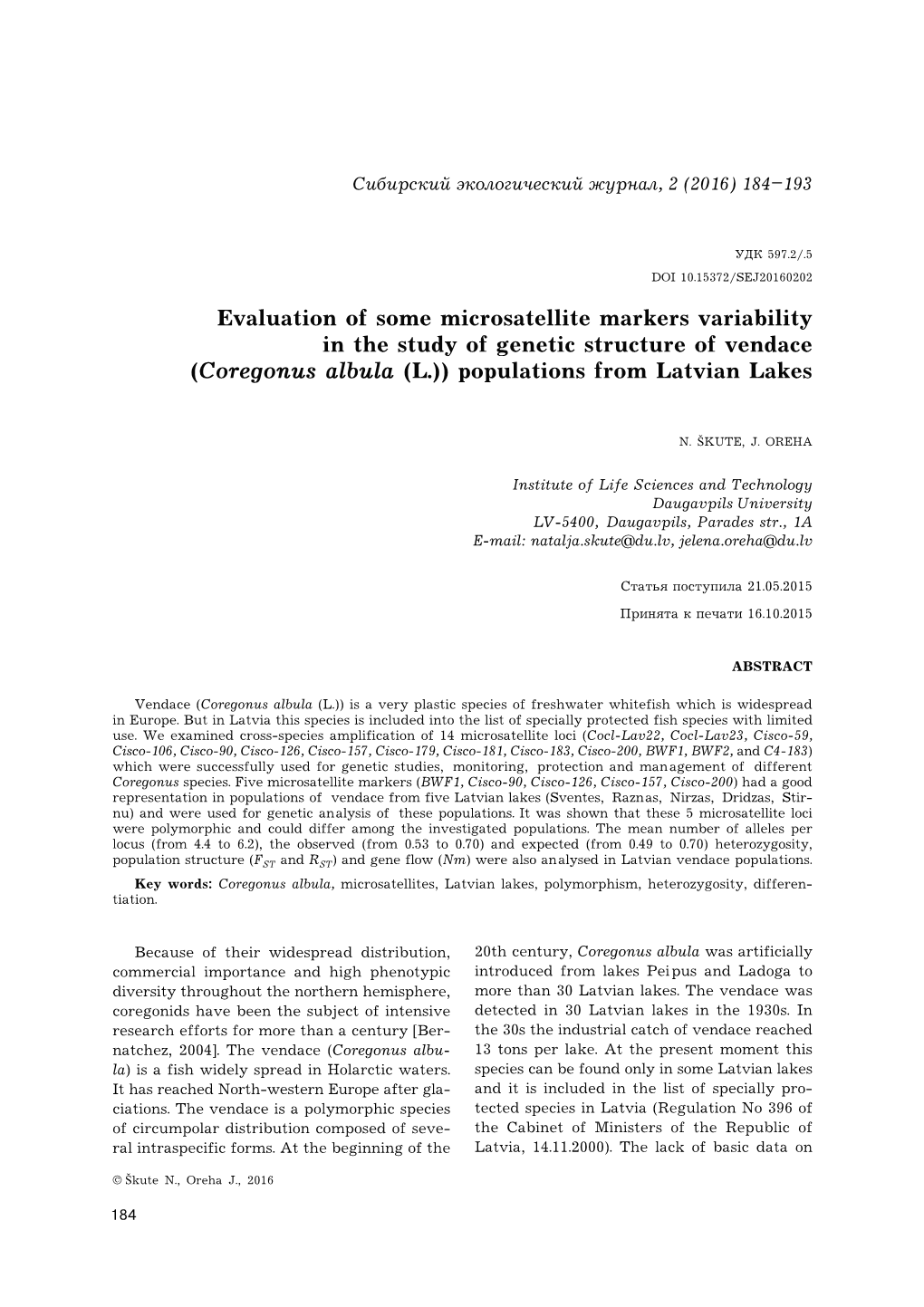 (Coregonus Albula (L.)) Populations from Latvian Lakes