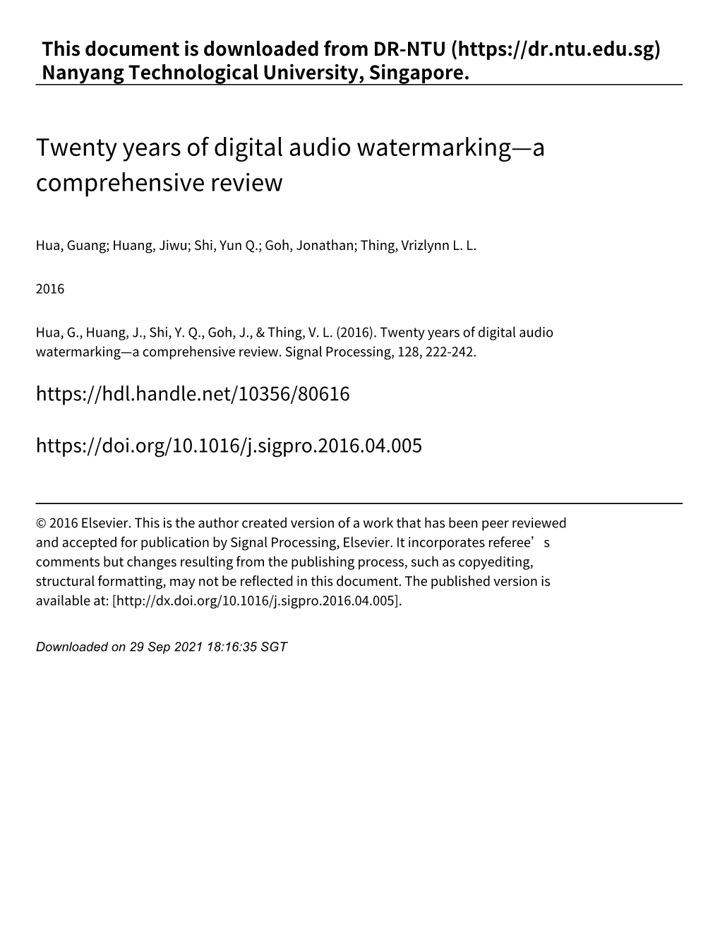 Twenty Years of Digital Audio Watermarking—A Comprehensive Review