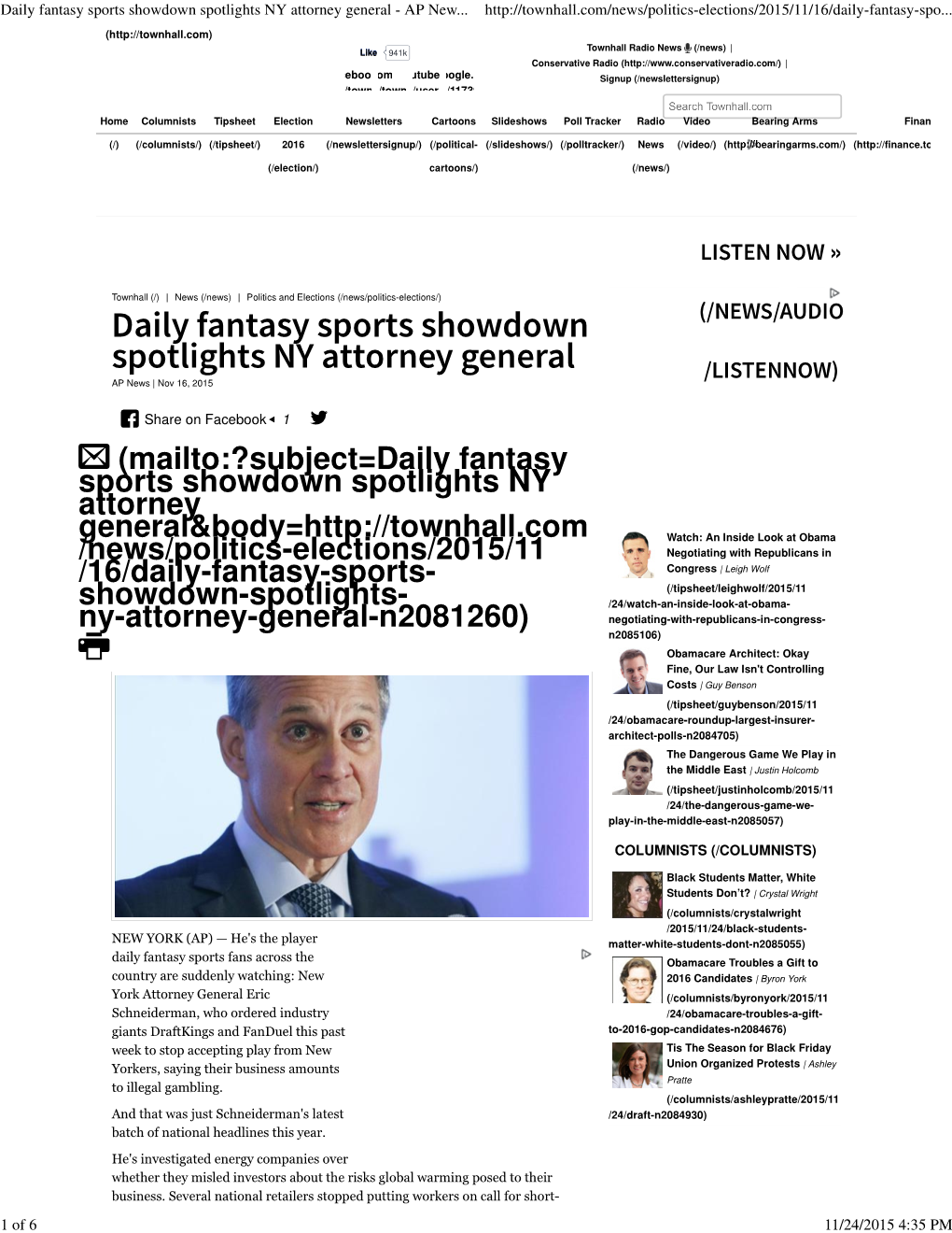 Daily Fantasy Sports Showdown Spotlights NY Attorney General - AP New