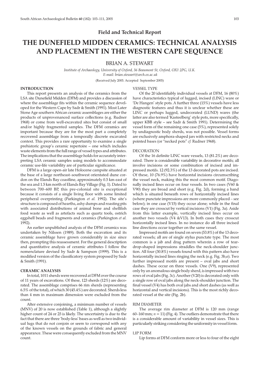 The Dunefield Midden Ceramics: Technical Analysis and Placement in the Western Cape Sequence