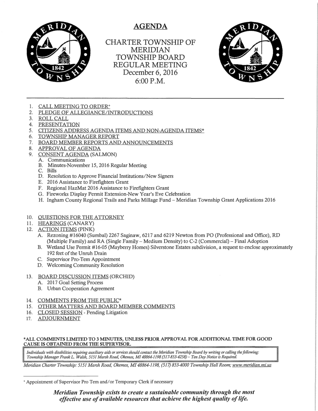 AGENDA CHARTER TOWNSHIP of MERIDIAN TOWNSHIP BOARD REGULAR MEETING December 6, 2016 6:00P.M