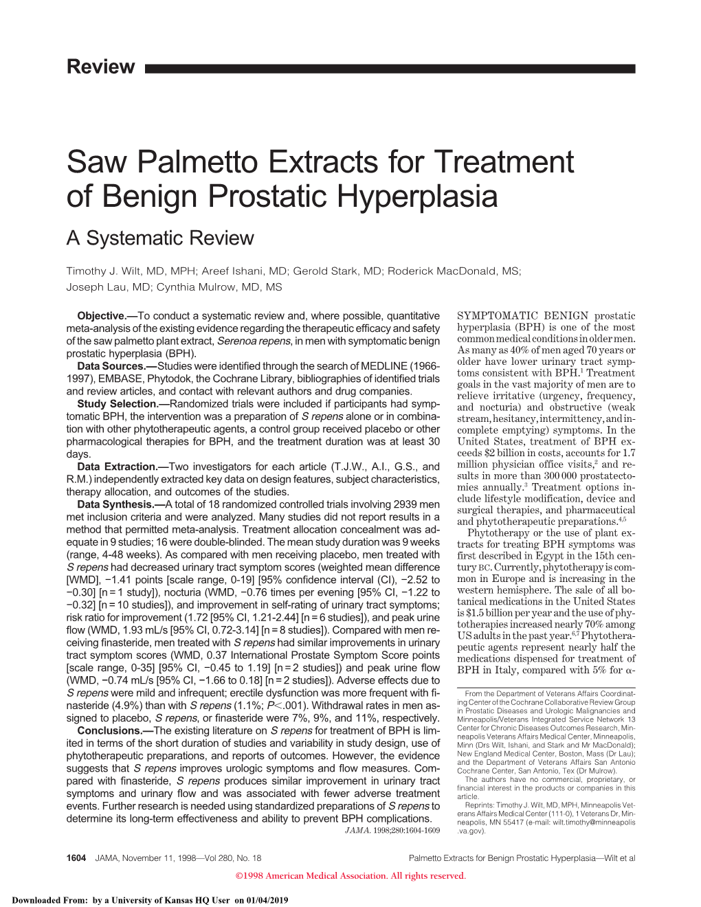 Saw Palmetto Extracts for Treatment of Benign Prostatic Hyperplasia a Systematic Review