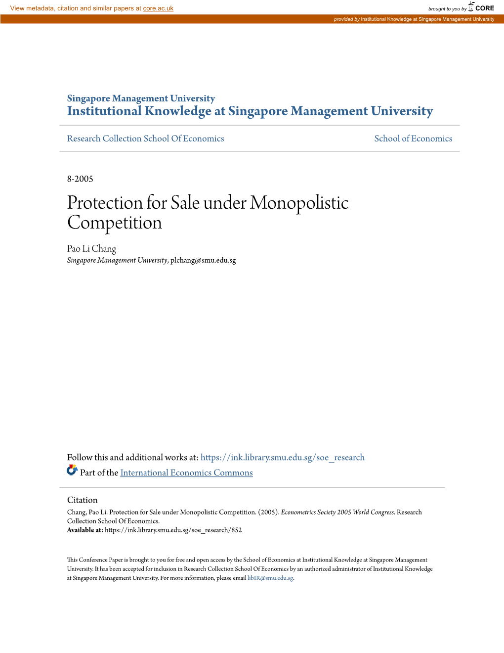 Protection for Sale Under Monopolistic Competition Pao Li Chang Singapore Management University, Plchang@Smu.Edu.Sg