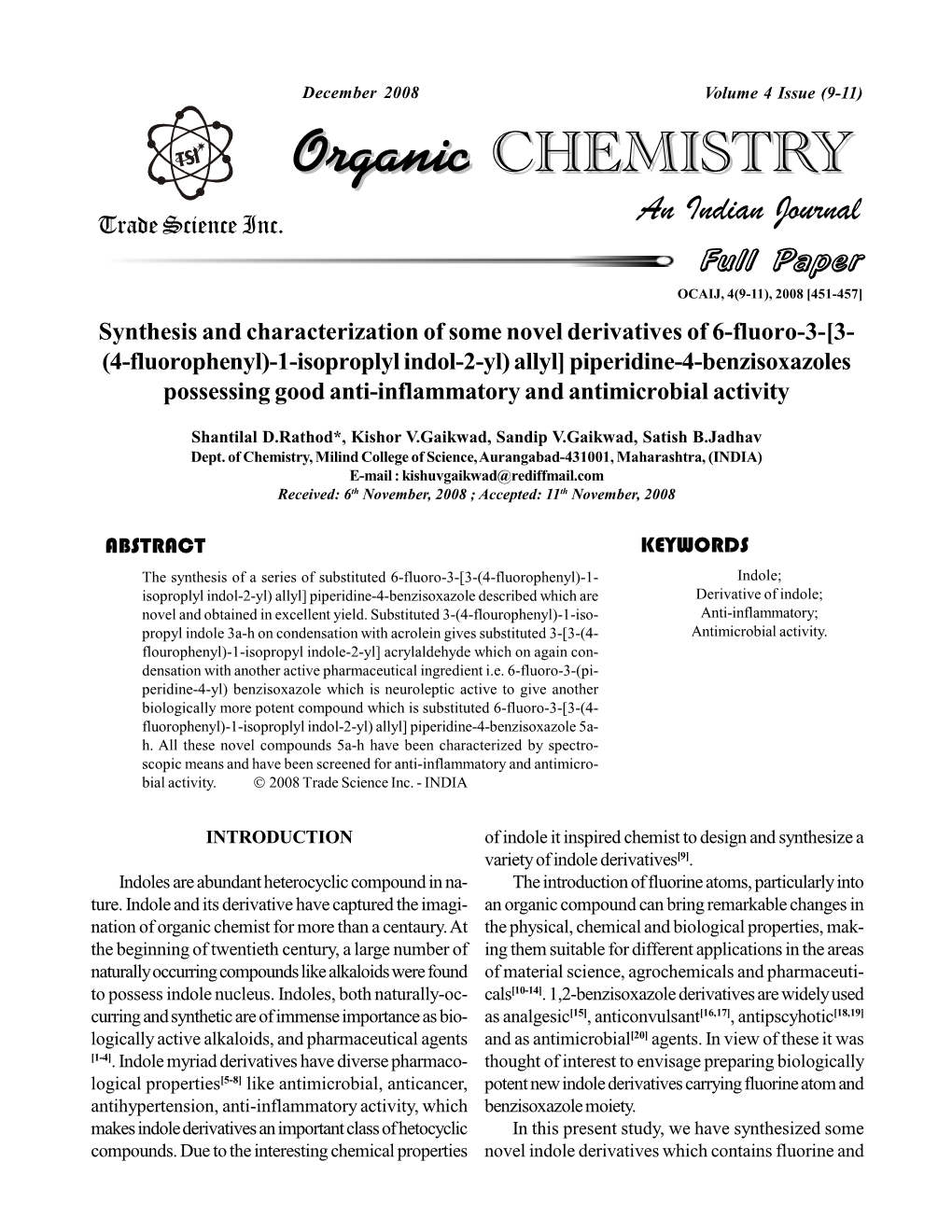 Synthesis and Characterization of Some Novel Derivatives of 6-Fluoro-3