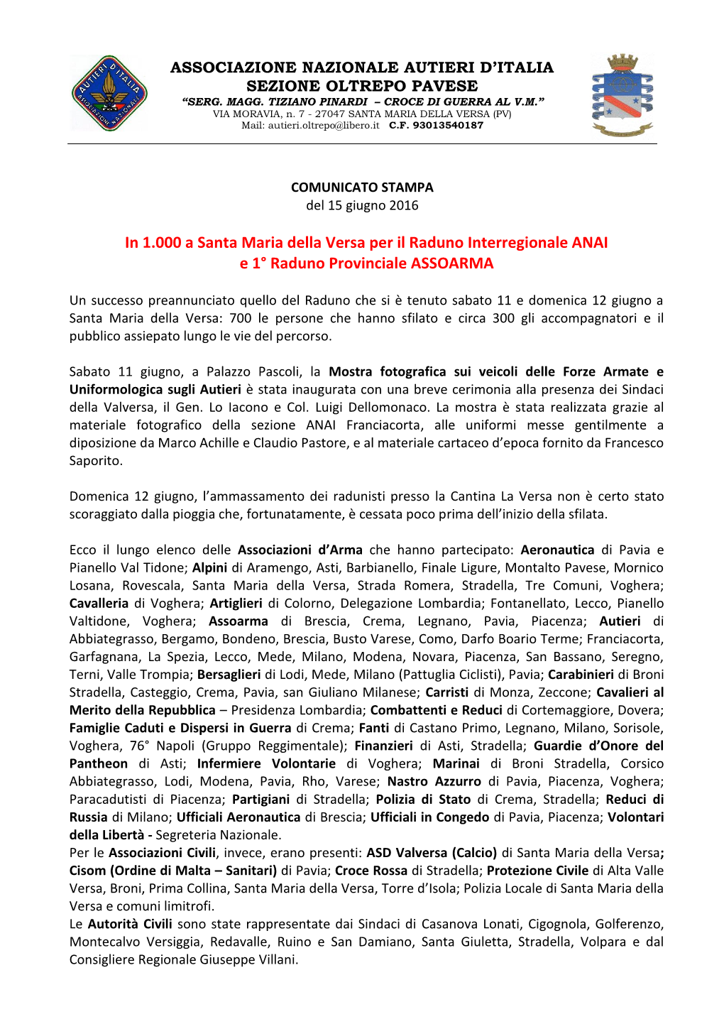 In 1.000 a Santa Maria Della Versa Per Il Raduno Interregionale ANAI E 1° Raduno Provinciale ASSOARMA