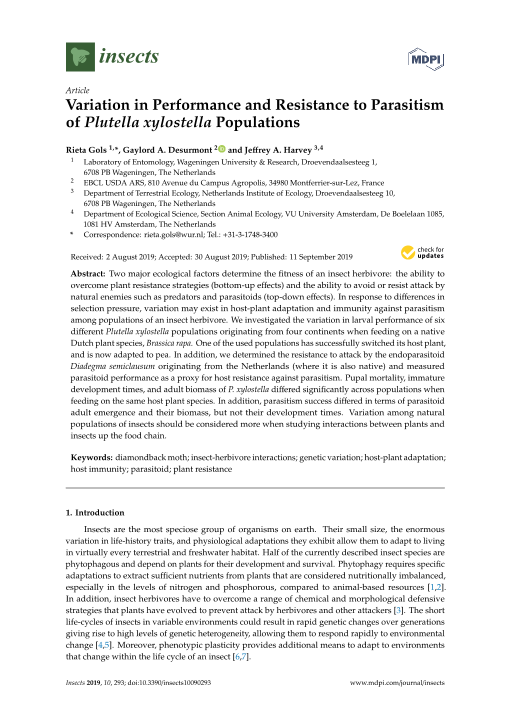 Variation in Performance and Resistance to Parasitism of Plutella Xylostella Populations