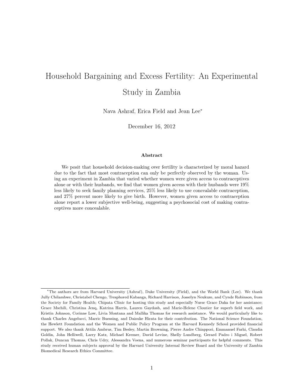Household Bargaining and Excess Fertility: an Experimental Study in Zambia