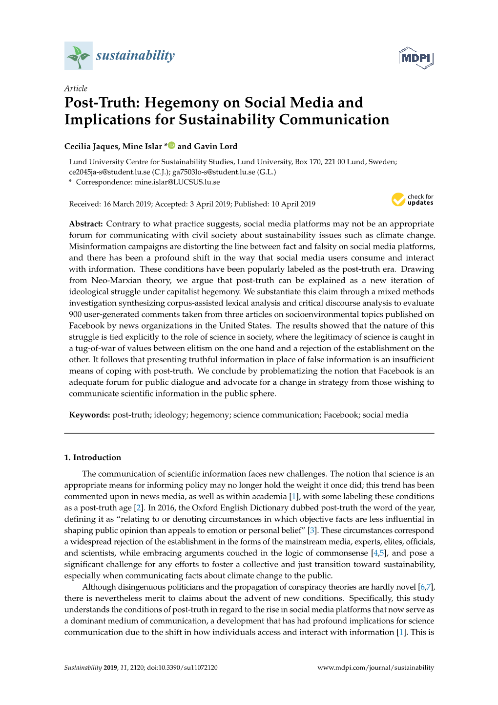 Post-Truth: Hegemony on Social Media and Implications for Sustainability Communication