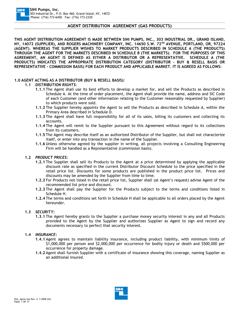 Agent Distribution Agreement (Gas Products)