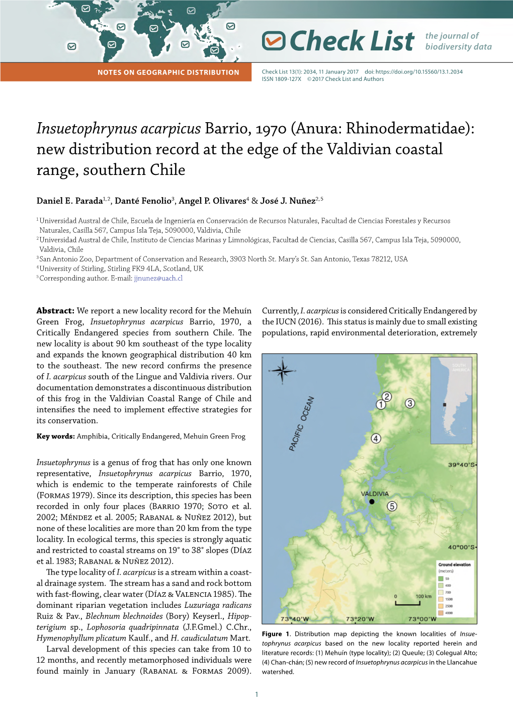 Insuetophrynus Acarpicus Barrio, 1970 (Anura: Rhinodermatidae): New Distribution Record at the Edge of the Valdivian Coastal Range, Southern Chile