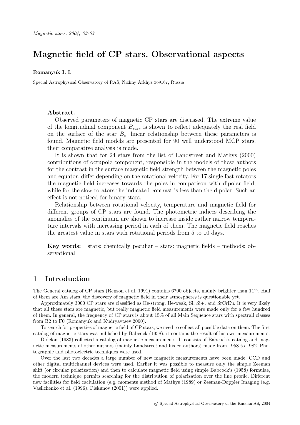 Magnetic Field of CP Stars. Observational Aspects