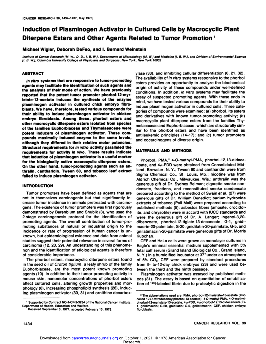 Induction of Plasminogen Activator in Cultured Cells by Macrocyclic Plant Diterpene Esters and Other Agents Related to Tumor Promotion1