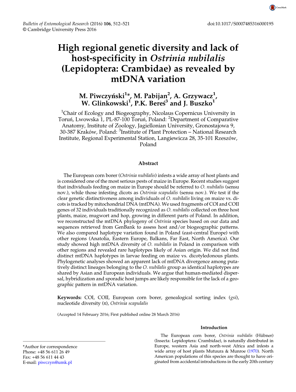 High Regional Genetic Diversity and Lack of Host-Specificity in Ostrinia Nubilalis (Lepidoptera: Crambidae) As Revealed by Mtdna Variation