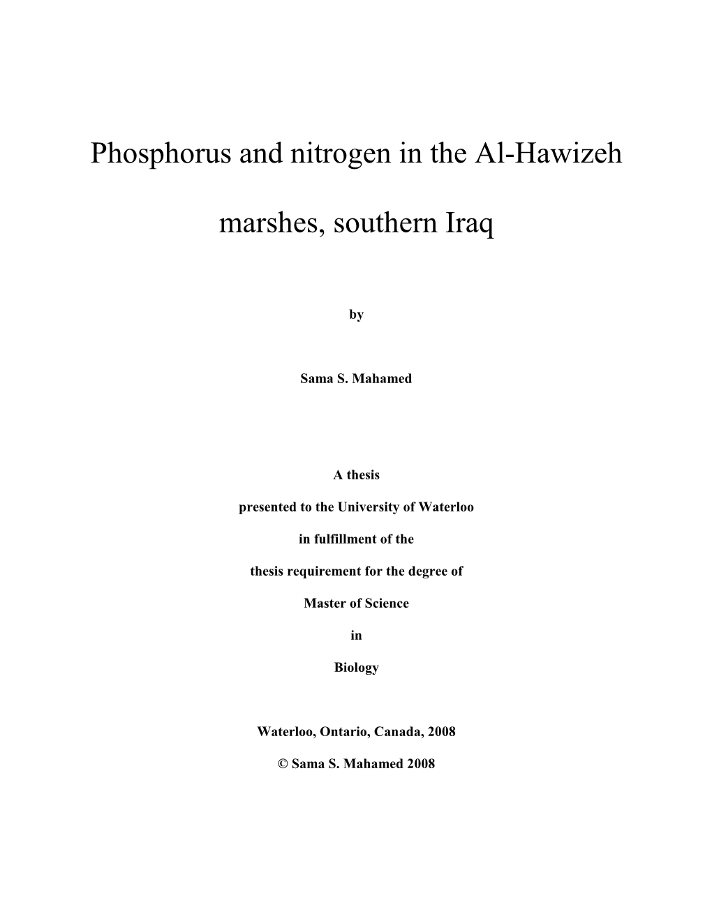 Phosphorus and Nitrogen in the Al-Hawizeh Marshes, Southern Iraq